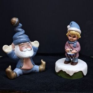 Vintage Ceramic Santa Elf, And Drummer Boy Music Box
